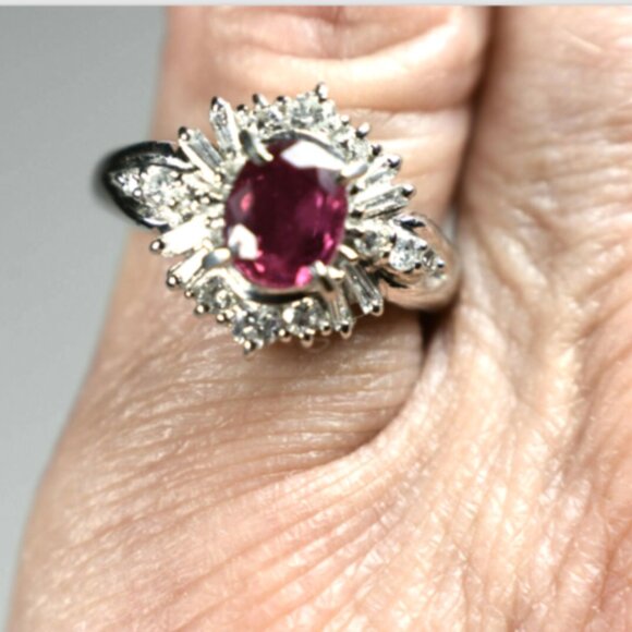 Platinum Ruby, Baguette, Round Diamonds Halo Ring 1.30ct 5.5 - Picture 6 of 7